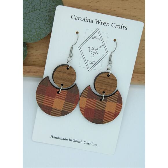 Orange Brown Yellow Plaid Wood Lightweight Dangle Fall Autumn Earrings - Picture 1 of 3